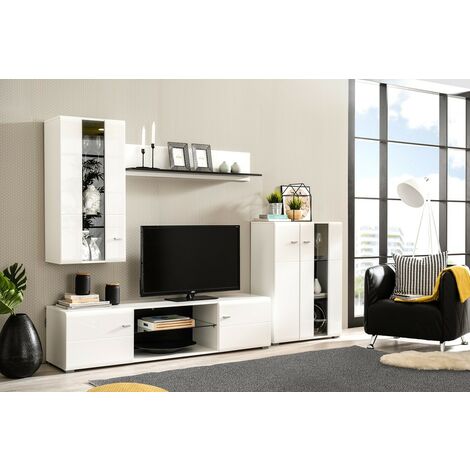 Ensemble De Meubles De Salon Paris - Style Moderne Avec éclairage LED Optionnel - Inclut Vitrine, Meuble TV Et étagère - Panneaux 15 Mm, Verre Trempé