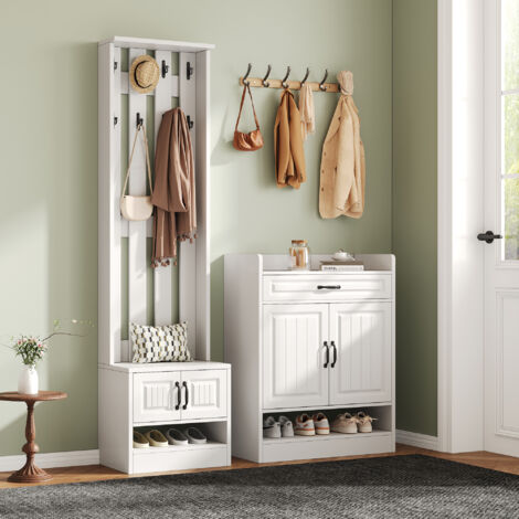 Meubles d'entrée avec 4 Portes, 1 Tiroir, 8 Crochets et Banc à Chaussures, pour Entrée, Panneaux de Particules, Blanc, 125 x 36 x 190 cm