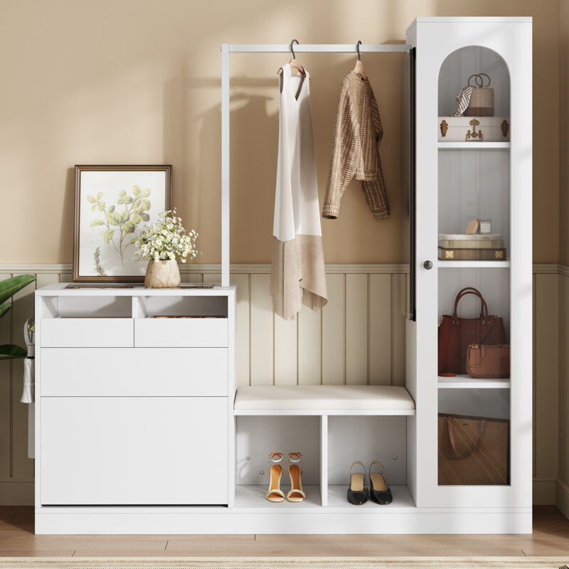Meubles d'entrée, ensemble combinaison d'entrée 6 en 1, avec vitrine et éclairage led, banc à chaussures, meuble à chaussures pliant, tringle à