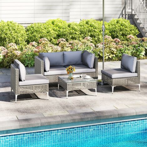 Meubles d'Extérieur 5 Pièces avec Coussins d'Assise et de Dossier Chaises de Patio en Rotin avec Table Basse en Verre Trempé Gris