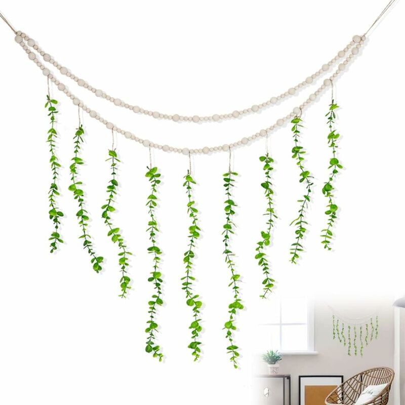 Aougo - Meubles muraux artificiels Eucalyptus, Boho Eucalyptus Wall Suspendre avec guirlande pour perles de bois, décoration murale moderne naturelle