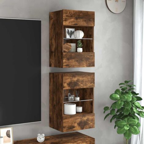 Meubles muraux avec lumières LED pour TV 2pcs-Banc TV-Meuble Télé chêne fumé 40x30x60,5 cm 369505