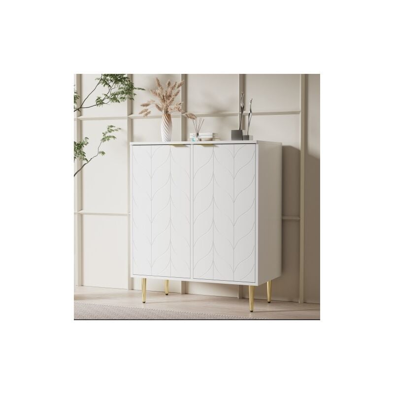 Modernluxe - Commode avec 2 portes - pieds et poignées plaqués or - motif floral - blanc