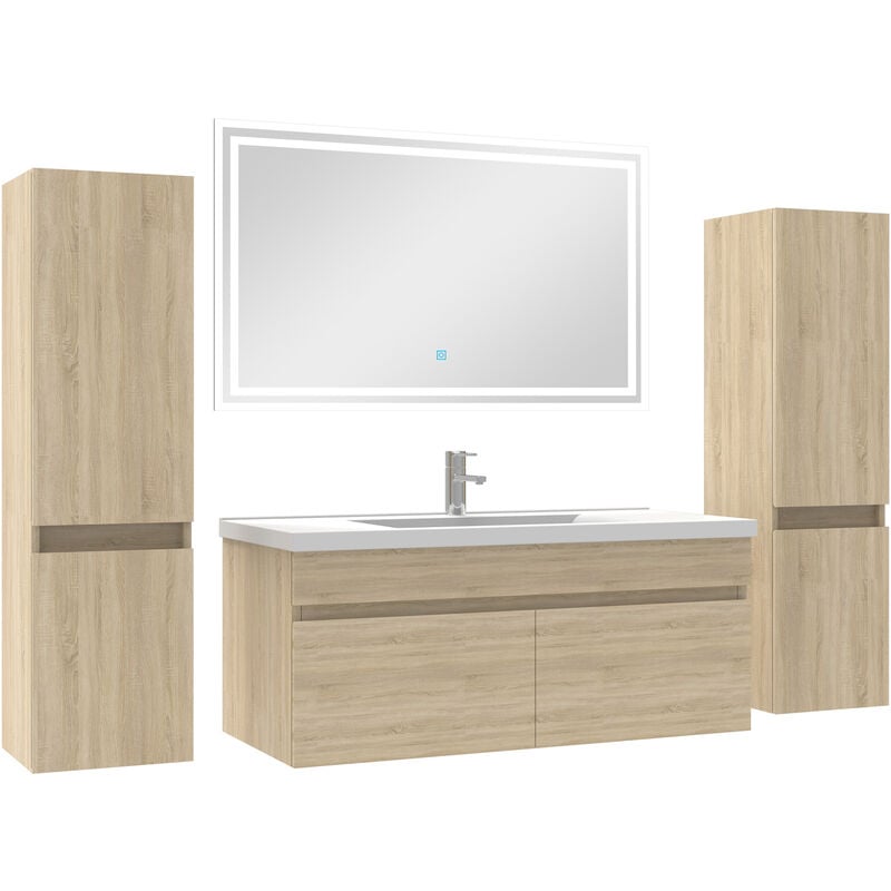 Acezanble - Ensemble meubles Salle de Bain simple vasque 100cm, colonnex2 + miroir Chêne Wotan