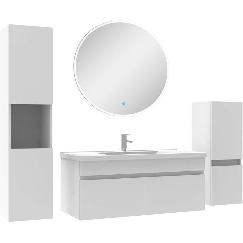 Acezanble - Meubles simple vasque 100cm,meuble acve colonne et miroir rond Blanc