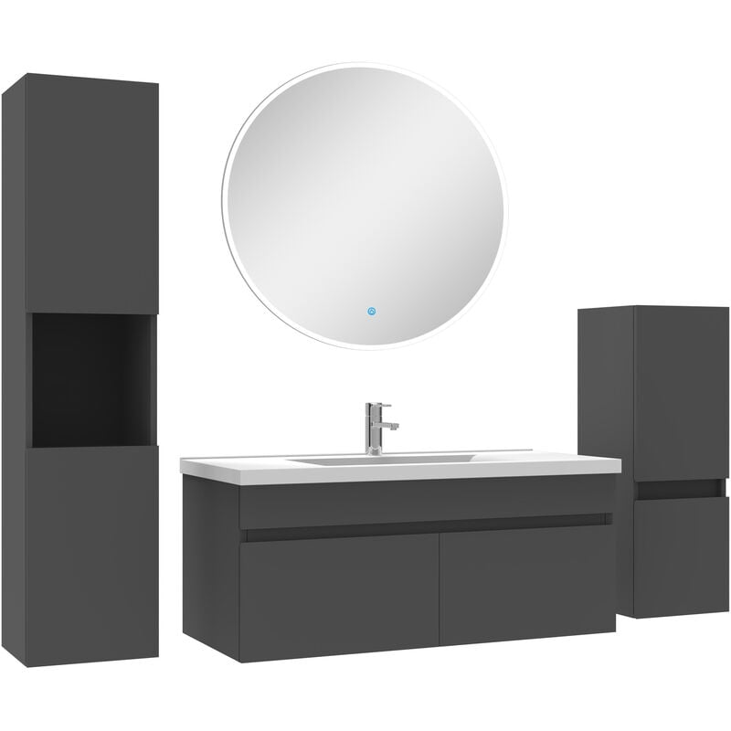 Acezanble - Meubles simple vasque 100cm,meuble acve colonne et miroir rond Anthracite