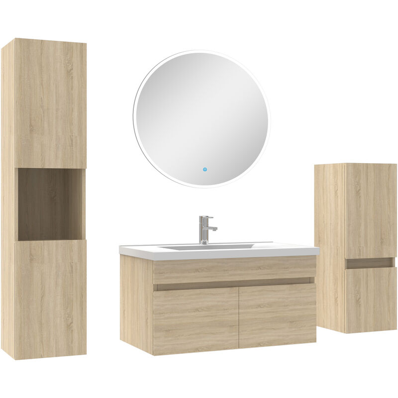Meubles simple vasque 80cm,meuble acve colonne et miroir rond Chêne Wotan
