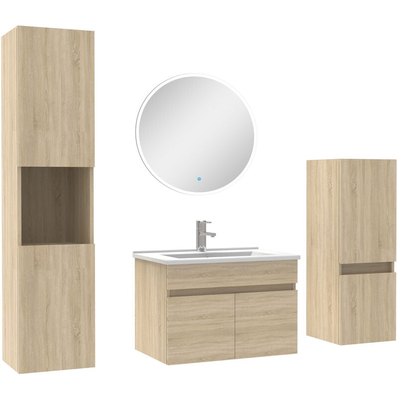 Meubles simple vasque 60cm,meuble acve colonne et miroir rond Chêne Wotan