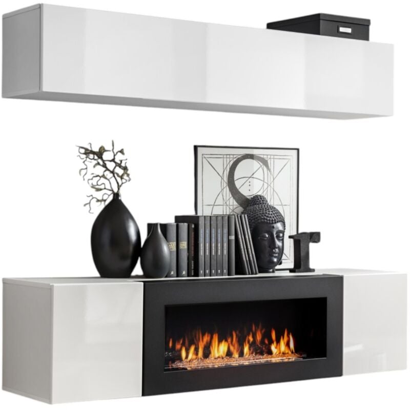 Meublorama - Meubles suspendus avec cheminée décorative collection fly N1. Coloris blanc.