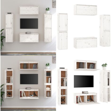 Meubles TV 6 pcs Blanc Bois massif de pin - Meuble Tv - Meuble Suspendu - Rangement Mural - Bibliothèque Murale - Décoration Murale - Home & Living