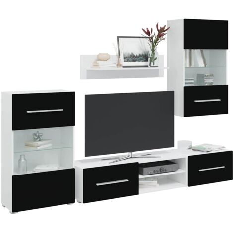 Meubles TV avec lumière LED 5 pcs-Banc TV-Meuble Télé noir mat bois d'ingénierie
