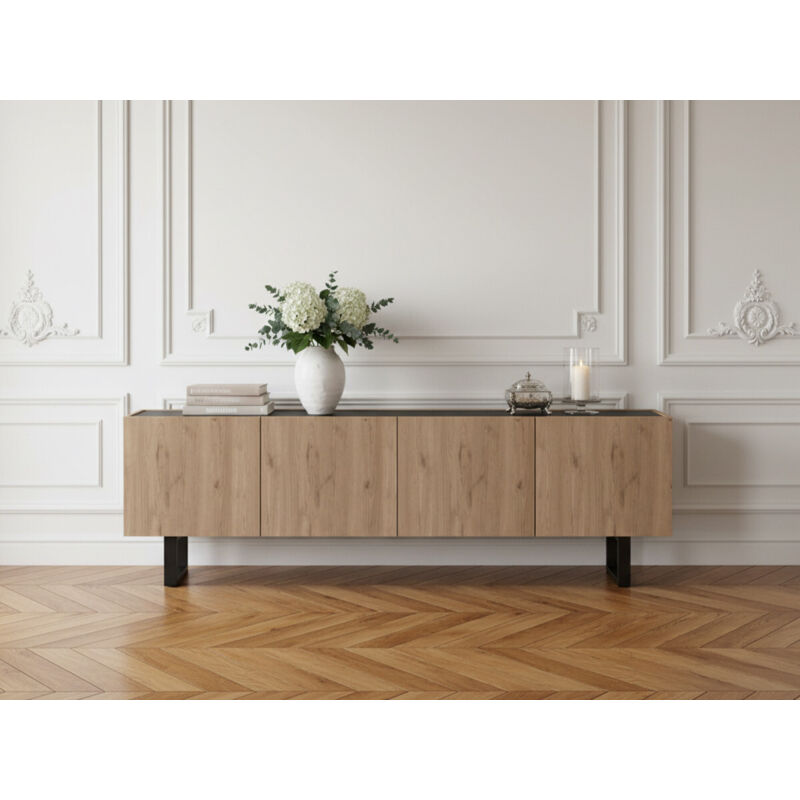 Meuble tv 180 cm opera effet chêne et effet marbre noir - Bobochic