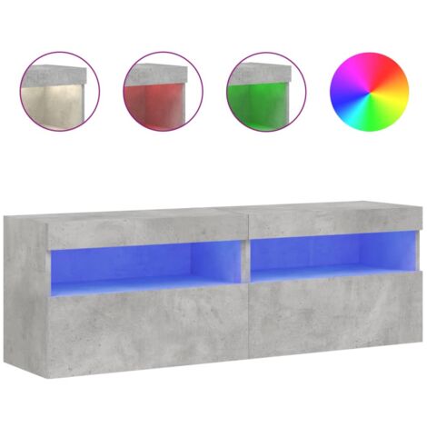 Meubles TV muraux et lumières LED 2pcs gris béton 60x30x40