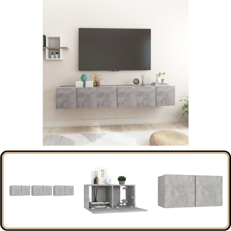 Vidaxl - Meubles tv suspendus 3 pcs Gris béton 60x30x30 cm - Meuble Tv Mural - Meubles Tv Gris - Rangement Tv - Étagère Murale - Support Tv