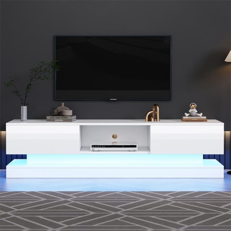 Meuble tv avec led 160cm - 2 tiroirs et 1 compartiment ouvert - adapté pour tv 60' - Blanc