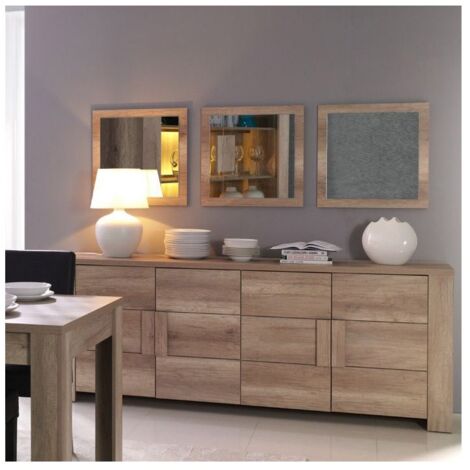 Meublorama – Buffet 4 portes en chêne dab sonoma – Dimensions 216x85x47 cm – 3 miroirs carrés 60x60 cm – Rangement élégant pour salon ou salle à manger