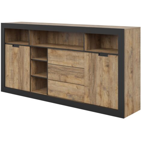 Meublorama – Buffet haut XL 220 cm – 2 portes coulissantes, 3 tiroirs Push-to-Open, 6 niches – Chêne Samdal et noir mat – Design loft contemporain