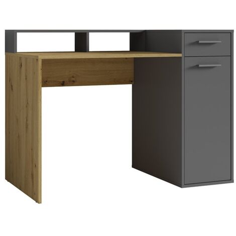 Meublorama – Bureau droit avec caisson de rangement et support écran – Dimensions 120 x 90 x 65 cm – Coloris gris et chêne – Panneaux de particules