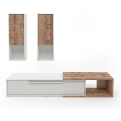 Meublorama – Composition de 3 meubles de salon – 2 meubles suspendus et 1 meuble TV – Blanc et chêne – Dimensions optimisées pour gain de place