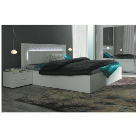 Meublorama – Ensemble chambre complète PANAREA lit 180x200 cm – Tête de lit avec LED – Chevets et sommier inclus – Design moderne blanc mat