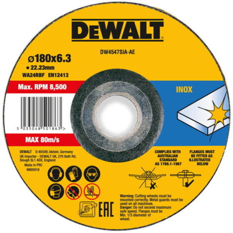 Meule à ébarber DEWALT High Performance 180x6x22,23mm Inox type 42 (déportée) DW4547SIA-AE