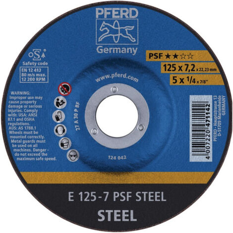 Meule à ébarber PSF STEEL D125xép.7.2 mm contre-coudé acier perçage 22.23 mm PFE (Par 10)
