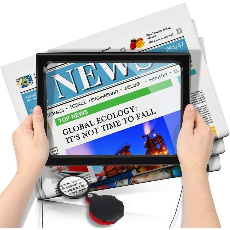 KZQ - Loupe Lecture Loupe de Lecture avec Lumineuse led, 3X Grossissement A4 Rectangulaire Loupe Eclairante avec Support Lampe Loupe pour Livres,