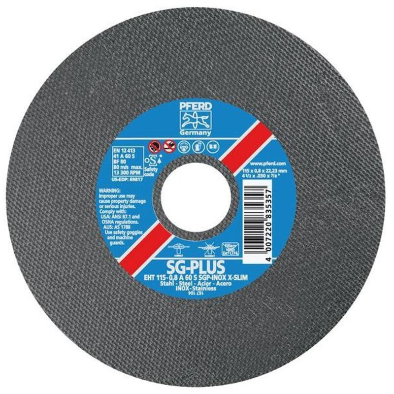 Disque à tronçonner sg-plus-inox x-slim pour l'usinage de l'acier inoxydable, ø x Épais. : 125 x 0,8 mm, Modèle Droit, Vitesse maxi. 12200 tr/mn