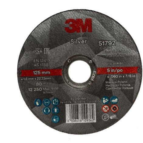 Meule abrasive, Dia. 125mm x 1.6mm 3M, grain P60, Oxyde d'aluminium, 12000tr/min ( Prix pour Boîte de 25 )