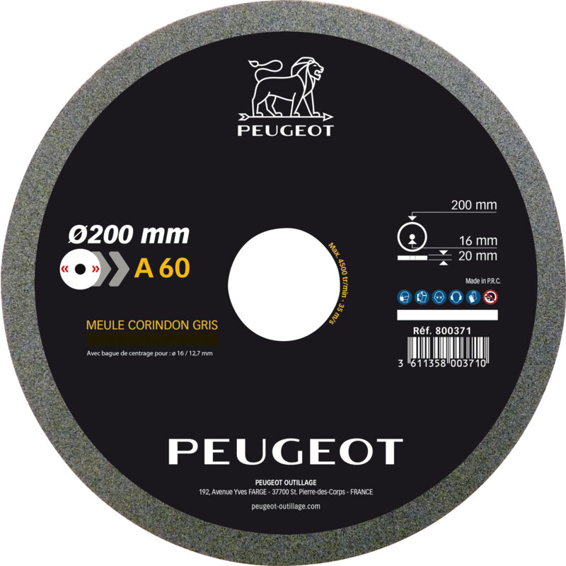 Peugeot Psp - Meule corindon gris 200x20x16 mm Grain 60 Usage Ebauche , Diamètre 200 mm, Epaisseur du fer 20 mm, Alésage 16 mm, Matière Corindon