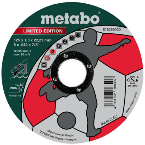 Meule de tronçonnage Metabo Limited Edition Soccer 125 x 1,0 x 22,23 mm, Inox,  version droite 100 pièces