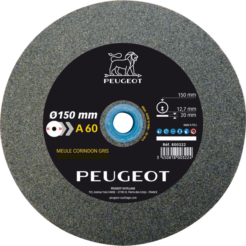 Peugeot Outillage - Meule Corindon gris 150x20x13 mm Grain 60 Usage Ebauche , Diamètre 150 mm, Epaisseur du fer 20 mm, Alésage 13 mm, Matière
