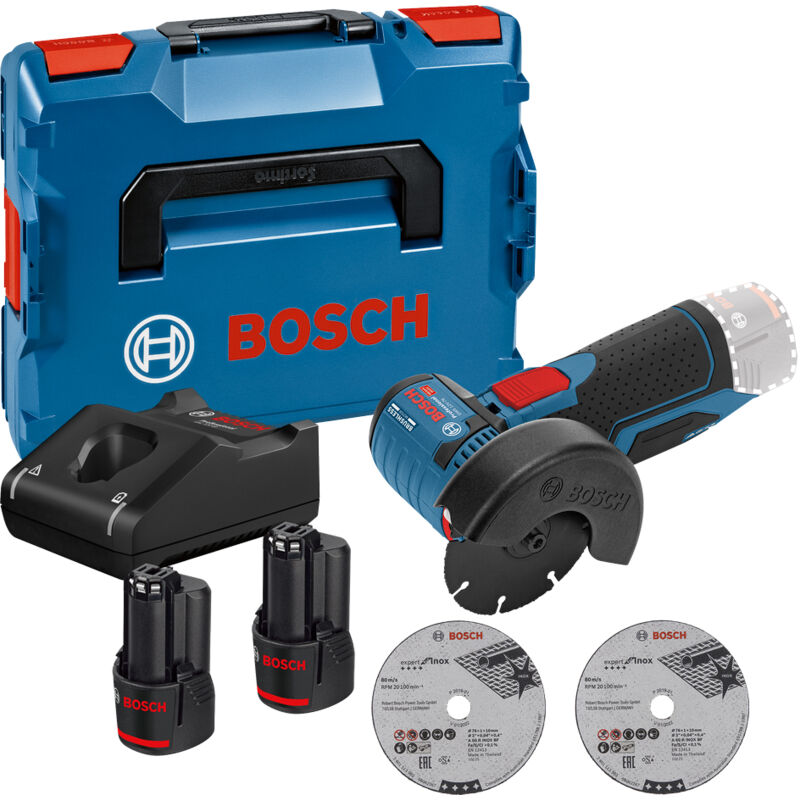 Meuleuse d'angle 12V gws 12V-76 + 2 batteries 3Ah + chargeur + coffret L-Boxx – Bosch 06019F200Y