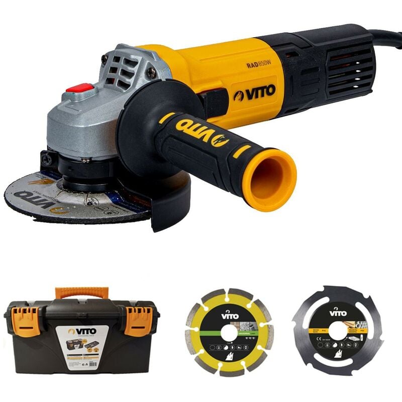 Meuleuse angulaire 850W 115mm + Disque coupe bois et pvc + Disque Diamant laser + Boîte à outils Vito