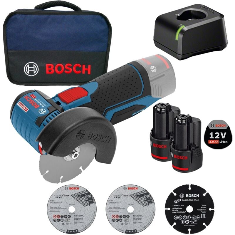 Meuleuse angulaire sans fil Bosch gws 12V-76 ø 76 mm / 2x 3,0 Ah batterie + chargeur dans un sac souple