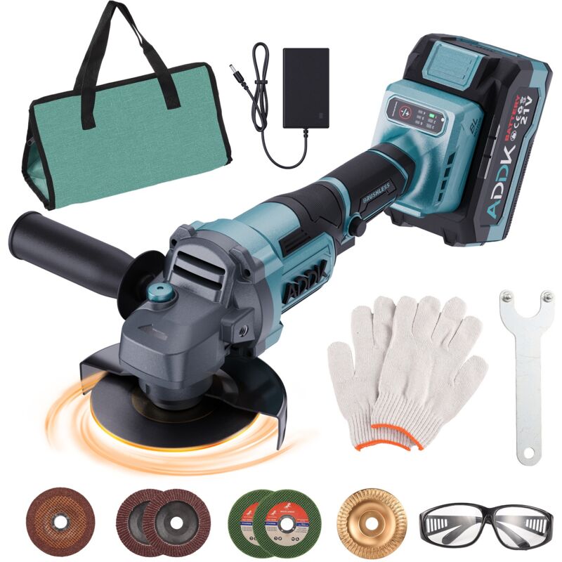 Meuleuse d'angle Ø125mm - Moteur sans balais - 750W - Avec meule à ébarber, 6 niveaux réglables, 2 Metal Saw Blade et 2 piles - Bleu