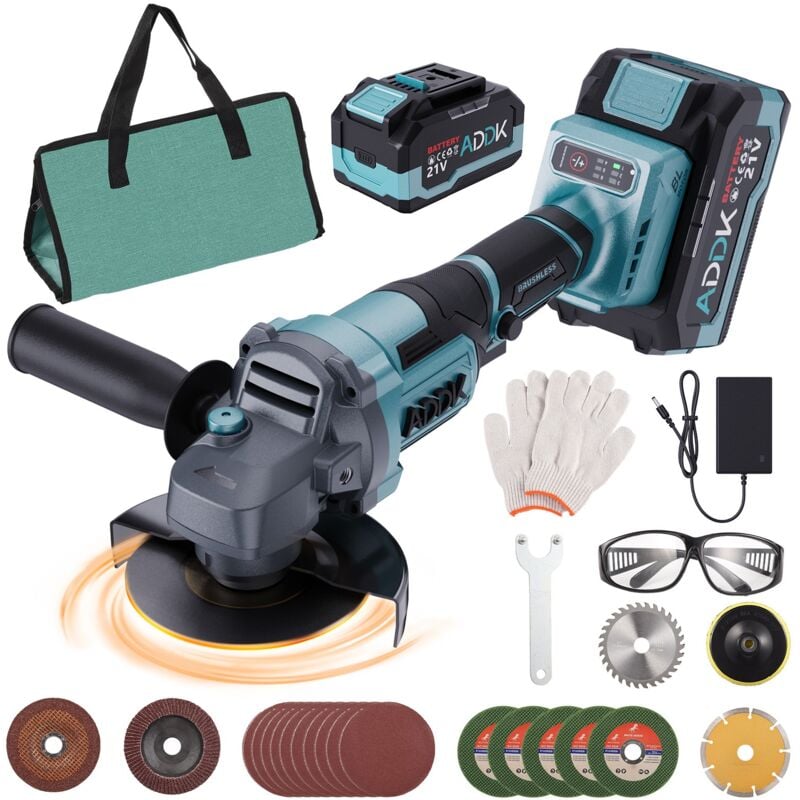 Meuleuse d'angle Ø125mm - Moteur sans balais - 750W - Avec meule à ébarber, 6 niveaux réglables, 5 Metal Saw Blade et 2 piles - Bleu