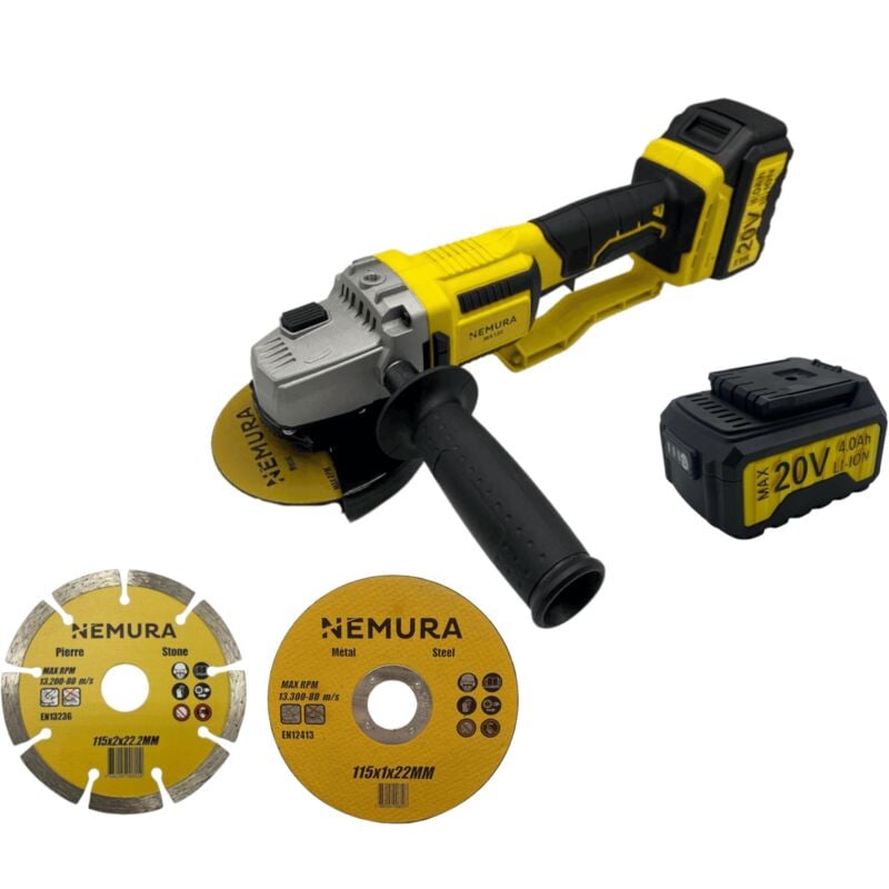 Meuleuse d'angle 125mm sans fil 20V brushless Nemura 2 Batteries 4Ah + Chargeur rapide + 3 disques