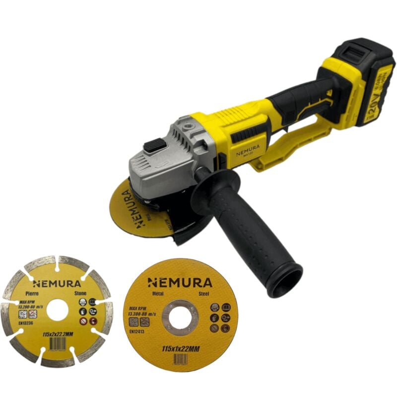 Meuleuse d'angle 125mm sans fil 20V brushless Nemura Batterie 4Ah + Chargeur rapide + 3 disques