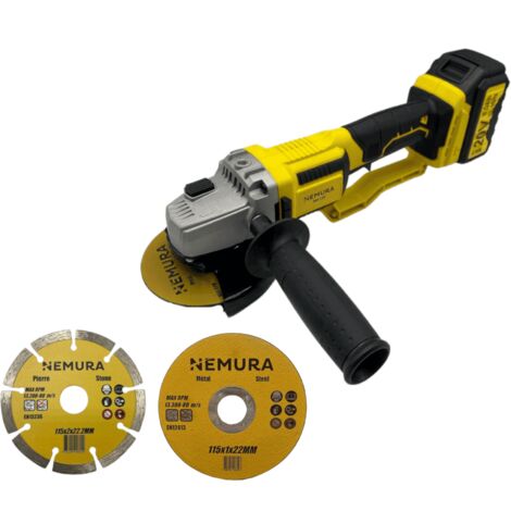 Meuleuse d'angle 125mm sans fil 20V brushless NEMURA + Batterie 4Ah + Chargeur rapide + 3 disques