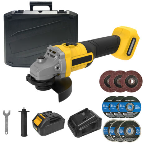 Meuleuse d'angle électrique sans balais 20 V, 115 mm (4-1/2"), batterie Li-Ion 4,0 Ah avec chargeur rapide, meuleuse portative pour métaux, disque à tronçonner et disque à meuler inclus, jaune