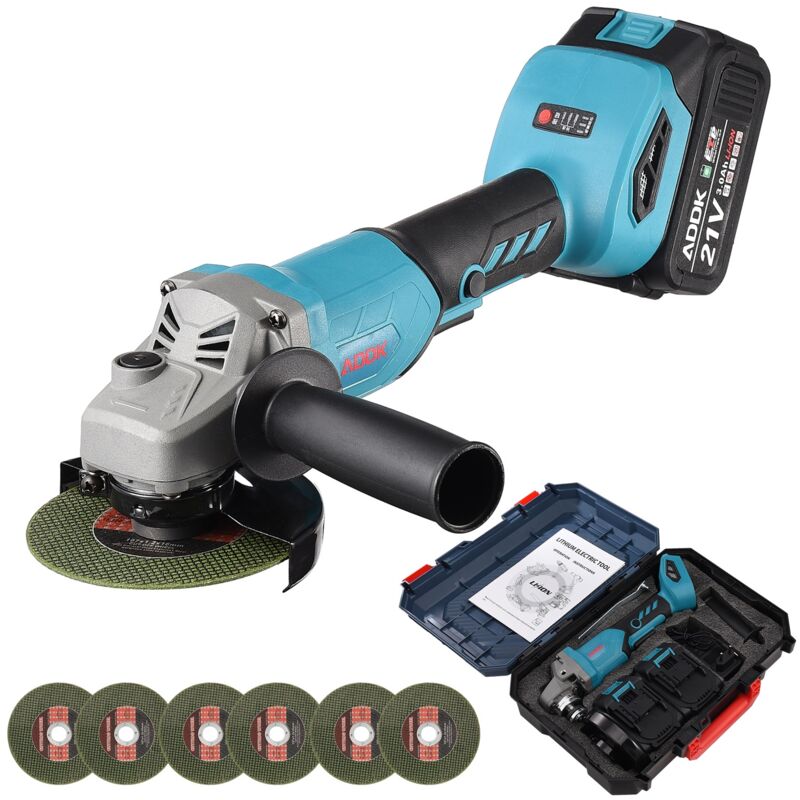 Meuleuse d'angle, moteur sans balais, 21V-3000mAh, avec deux jeux de batteries, avec 12 meules, réglementation européenne - Bleu