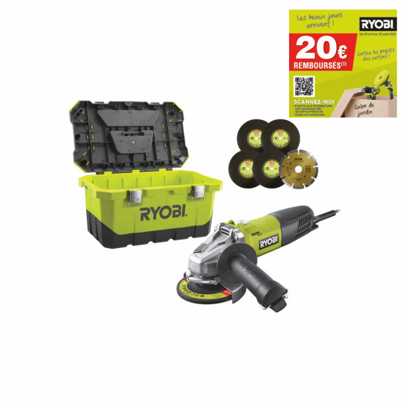 Meuleuse d'angle RYOBI 800W 125mm - 1 disque diamant - 5 disques à ébarber - Toolbox RAG800-125TA6