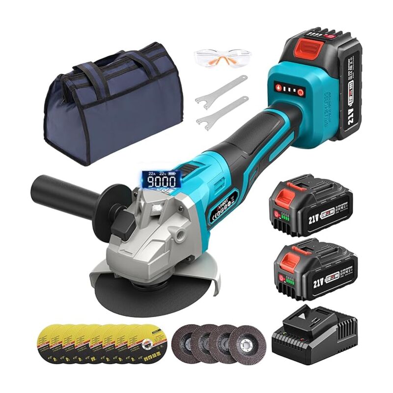 Meuleuse d'angle sans fil 125 mm, Meuleuse d'angle avec 2PCS 4.0 Ah Batteries & Chargeur, 9000 rpm Meuleuse d'angle, disques à tronçonner, disques à