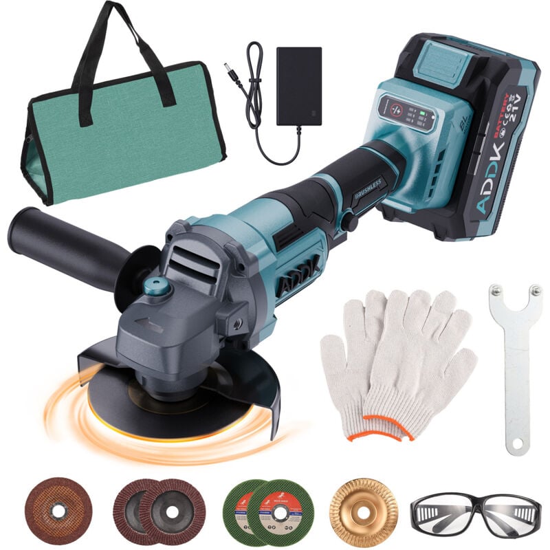 Meuleuse d'angle sans fil 125mm - 1xbatterie 21 v 4,0 Ah - moteur sans balais 9 000 tr/min - 6 niveaux réglables - avec 9 acessoires