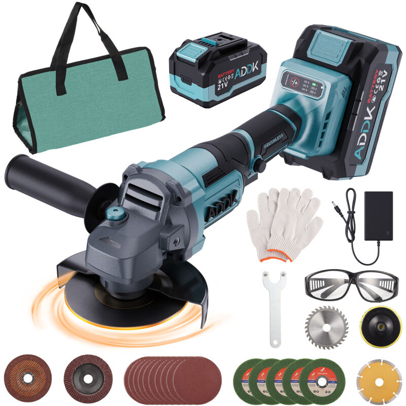 Meuleuse d'angle sans fil 125mm -2xbatterie 21 v 4,0 Ah - moteur sans balais 9 000 tr/min - 6 niveaux réglables - avec 13 acessoires