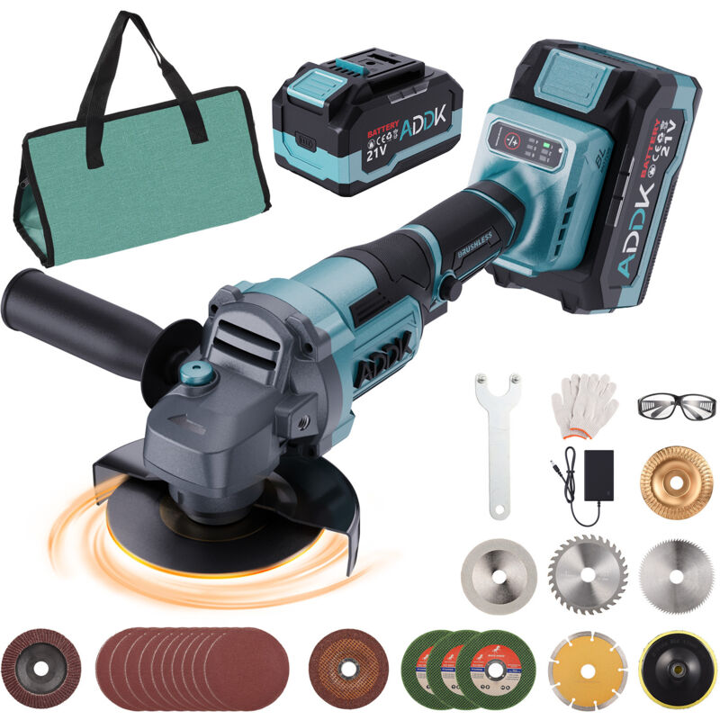 Meuleuse d'angle sans fil 125mm -2xbatterie 21 v 4,0 Ah - moteur sans balais 9 000 tr/min - 6 niveaux réglables - avec 16 acessoires