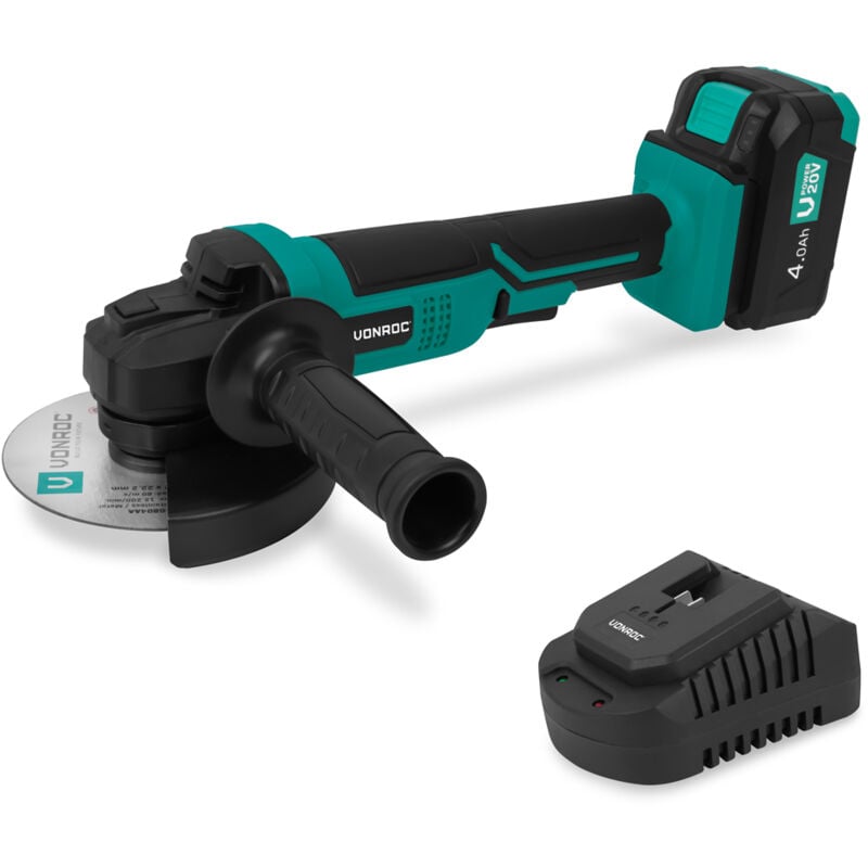 Meuleuse d'angle sans fil - VPower 20V - Ø125mm - Batterie 4.0Ah et chargeur rapide inclus - Disque de coupe non inclus - Vonroc