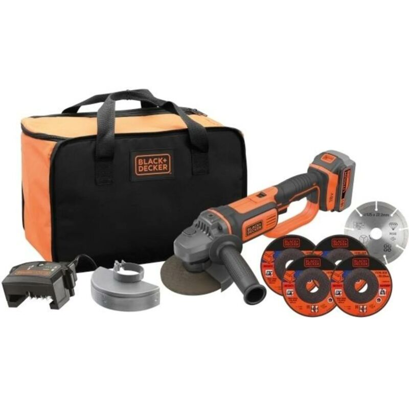 Meuleuse d'angle sans fil 18V - black+decker - avec 1 batterie 18 v 4,0 Ah + 5 disques - sac de transport - BCG720M1A5-QW