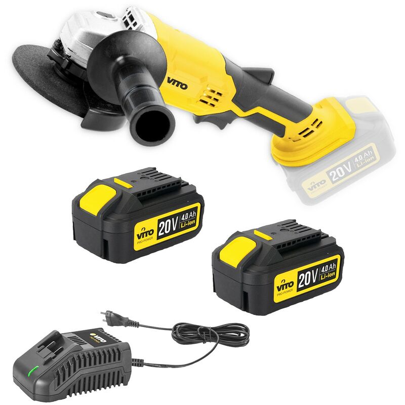 Meuleuse d'angle sans fil 20V + 2 batteries Lithium 4.0 Ah + chargeur rapide VITO